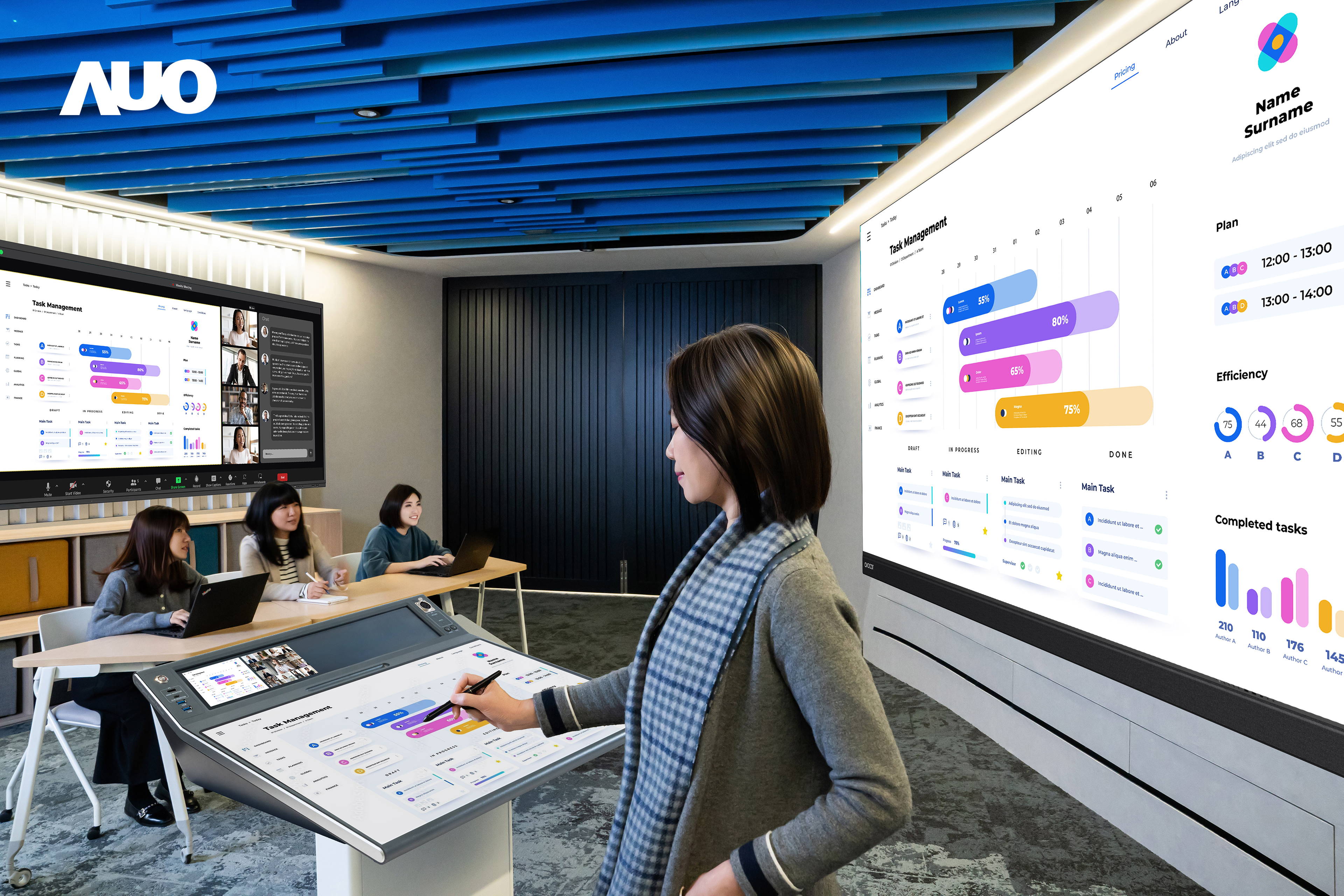 达擎携手Avocor与Rise Vision展示全方位商务领域应用，包含采用模块化设计的138吋一体式All-in-One LED显示器及具21:9超宽比例的92吋交互式电子白板（IFPD），讲者可轻松分享内容，有效提升会议协作效率。